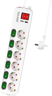 Prelungitor Realmade cu 6 prize, cu întrerupător individual, cablu de 5 m și ștecher plat, alb, pentru aparate electrocasnice 1