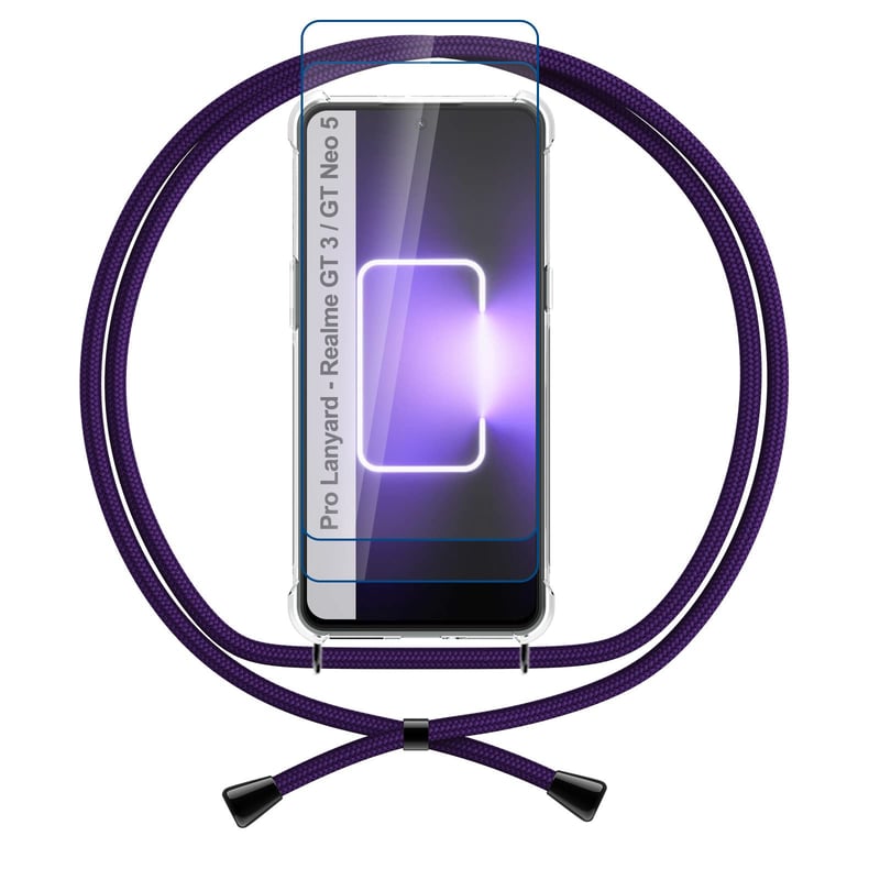 Odolný kryt na Realme GT 3 fialový s nastaviteľnou šnúrkou na krk