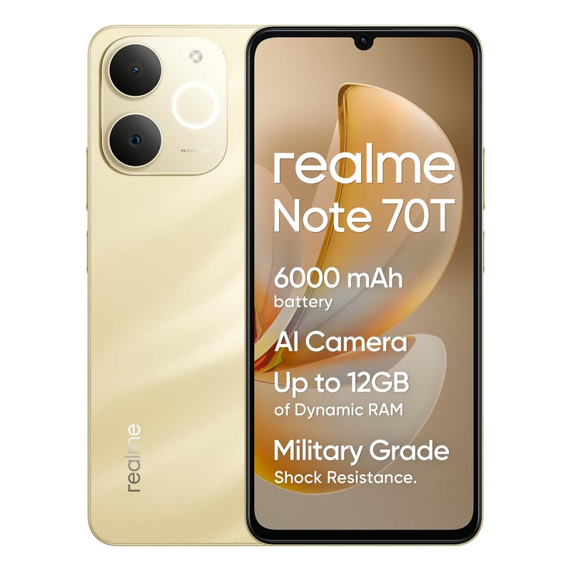 Smartfón realme Note 70T 4G, 4+128 GB, 6000 mAh batéria, 7,94 mm tenký dizajn, osemjadrový procesor T7250, 4+8 GB dynamická RAM, zlatá