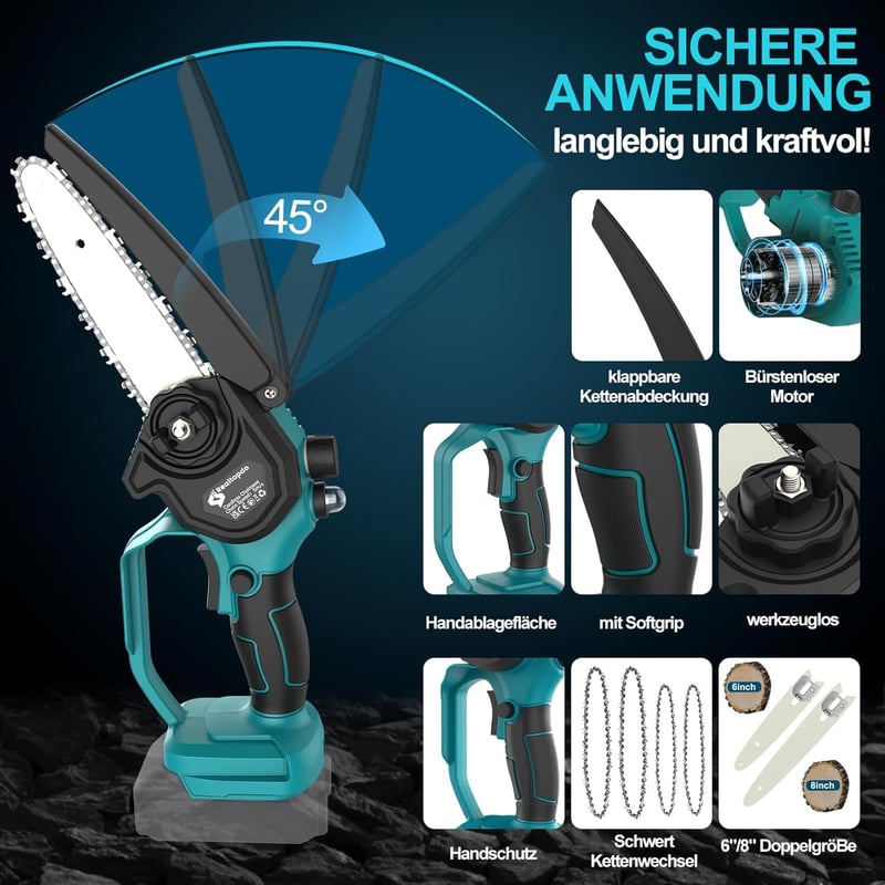Realtopdo Mini Láncfűrész 15-20 cm Makita 18V Akkumulátorral Kompatibilis Kefe Nélküli Metszőfűrész Automatikus Olajozással
