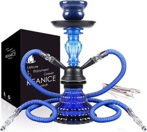 Narghilea REANICE de 11 inch, set cu 2 furtunuri - Shisha albastră din sticlă cu sistem de gestionare a căldurii, vas ceramic pentru tutun și accesorii
