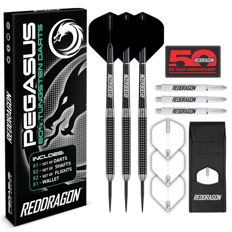 Set de Darts cu Vârf Fix RED DRAGON Pegasus Professional, 80% Tungsten, 21g - Include Fluturași, Tije și Toc