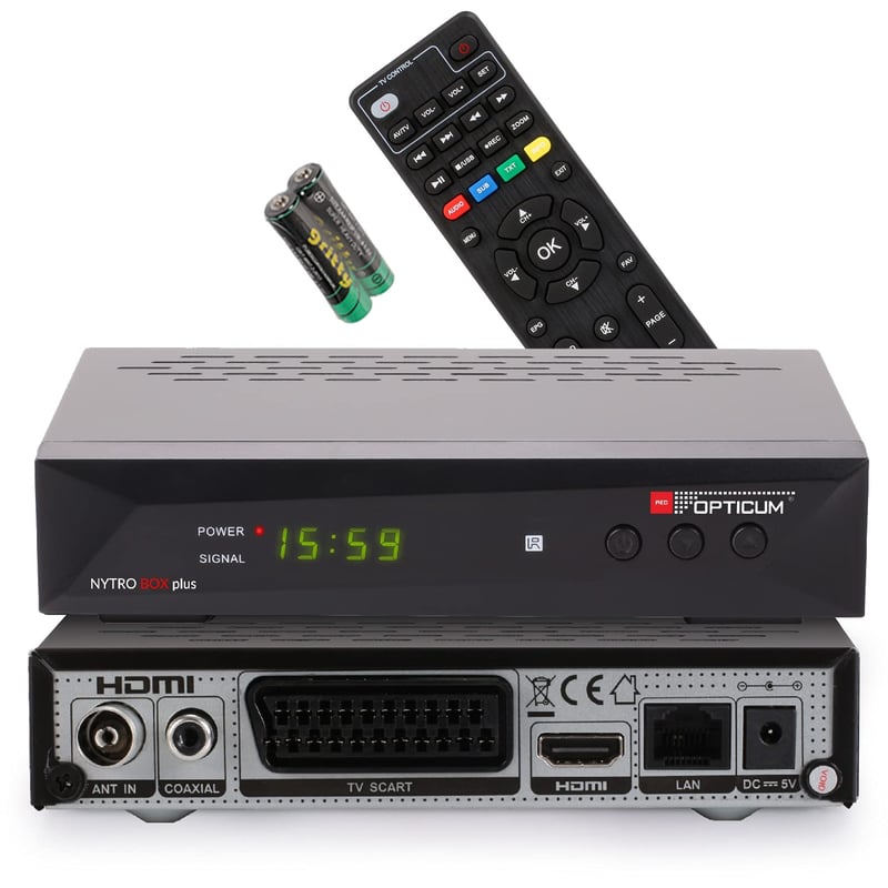 Hybridný prijímač RED OPTICUM 23025 Nytro Box Plus HD DVB-C a DVB-T2 s funkciou nahrávania PVR, HDMI, USB, SCART, Ethernet, LED displej, digitálna káblovka