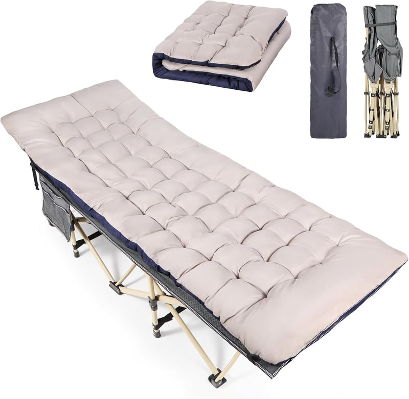 REDCAMP Összecsukható Kempingágy Párnázott Matraccal - XXL 190x71x38cm, Krémfehér, 266kg Teherbírás, Kültéri-Beltéri Vendégágy Kempingezéshe