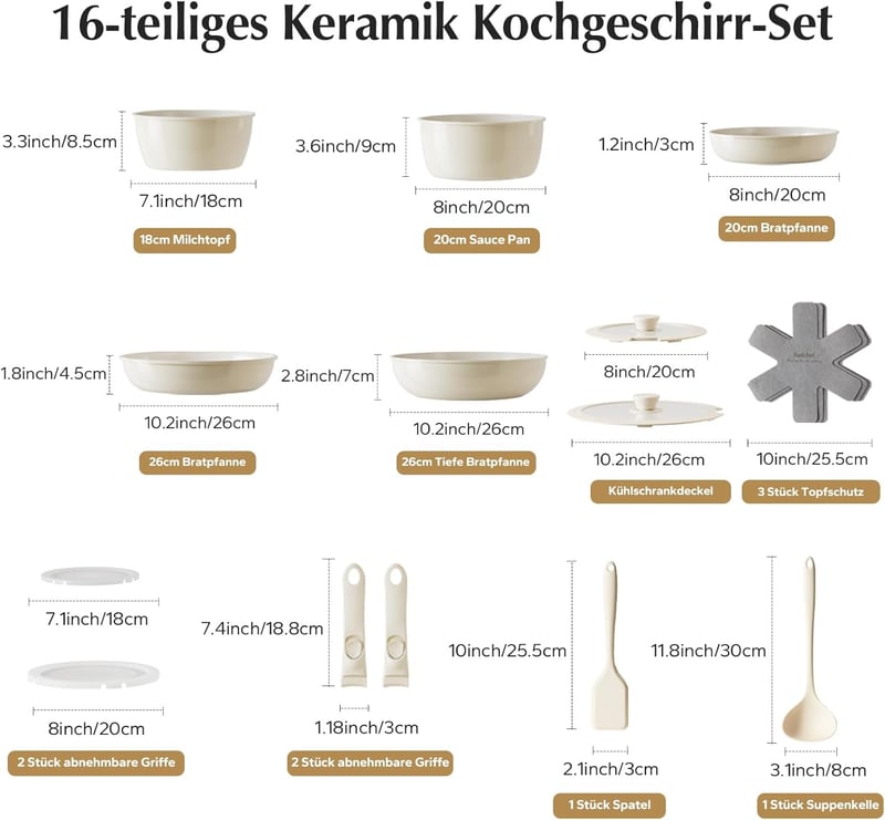 Redchef 16 részes levehető fogantyús kerámia edénykészlet - takarékos tárolás, 20/26 cm serpenyő, 26 cm wok, 18/20 cm fazék, minden tűzhelyt