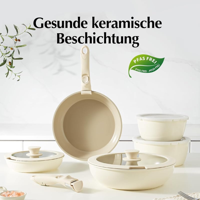 Redchef 16 részes levehető fogantyús kerámia edénykészlet - takarékos tárolás, 20/26 cm serpenyő, 26 cm wok, 18/20 cm fazék, minden tűzhelyt
