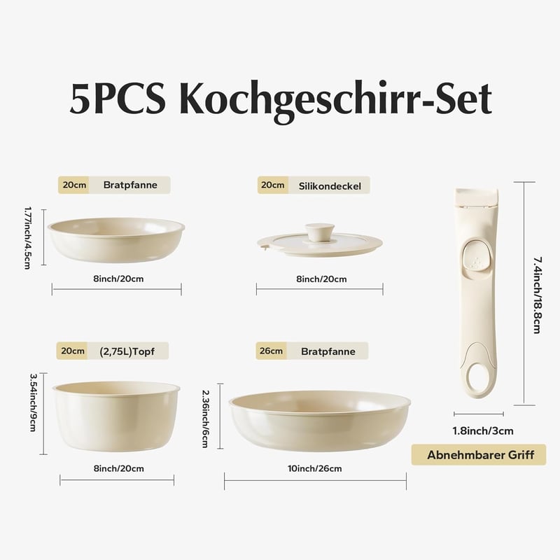 Redchef 5 részes kerámia edénykészlet levehető nyéllel, indukciós, mosogatógépben mosható - 5-pc. beige