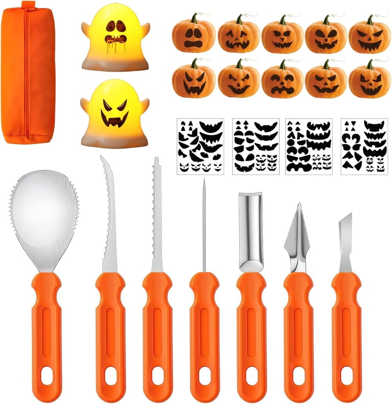 REDKNOT Halloween Tökfaragó Készlet 7 Részes LED Világítással és Sablonokkal