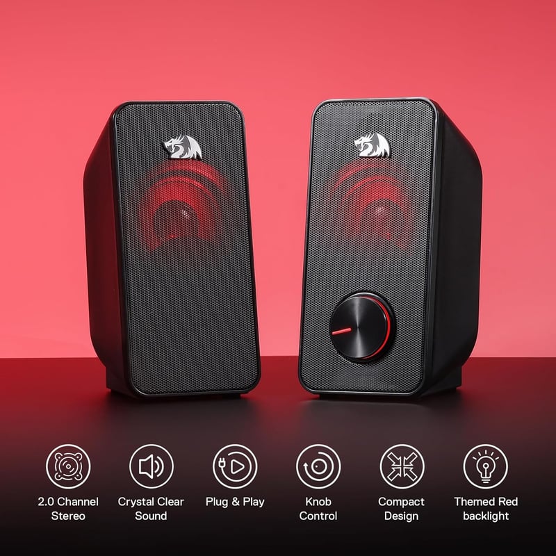 Redragon GS500 Stentor Gamer Hangszóró, 2.0 Csatornás Sztereó PC Hangfal Piros Háttérvilágítással, Kiváló Basszus és Kristálytiszta Hangzás,