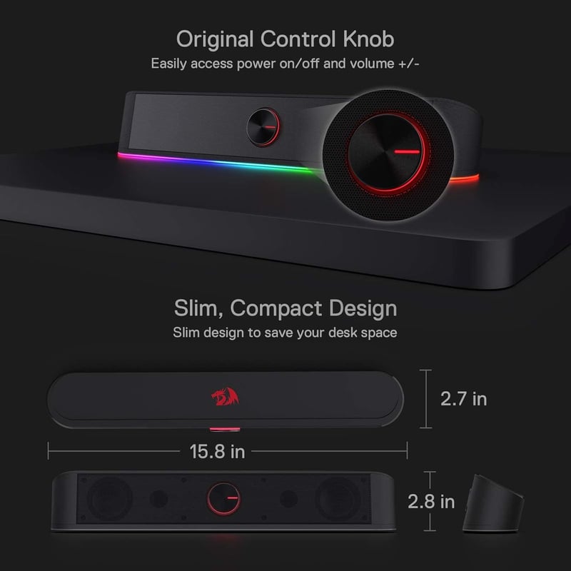 Redragon GS560 Adiemus RGB Asztali Soundbar - 2.0 Csatornás PC Hangszóró Zenével Szinkronizált Fényhatással, Érintésvezérléssel, USB Csatlak