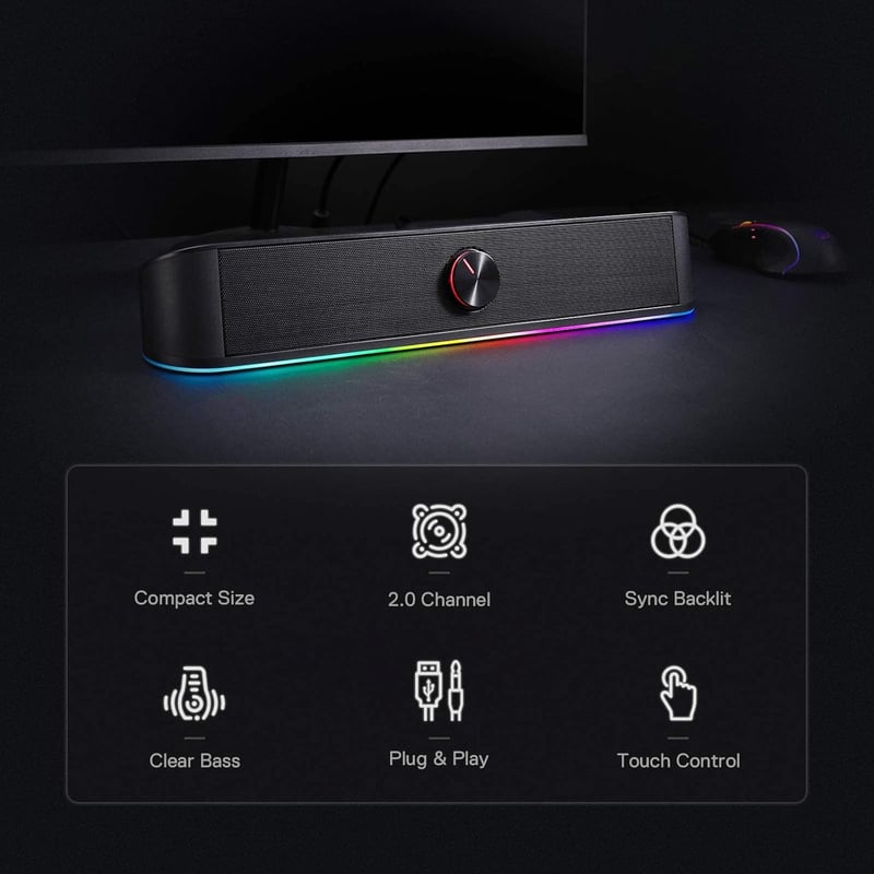 Redragon GS560 Adiemus RGB Asztali Soundbar - 2.0 Csatornás PC Hangszóró Zenével Szinkronizált Fényhatással, Érintésvezérléssel, USB Csatlak