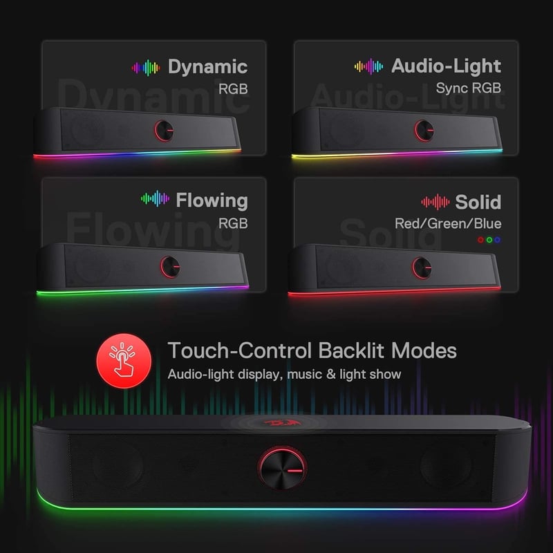 Redragon GS560 Adiemus RGB Asztali Soundbar - 2.0 Csatornás PC Hangszóró Zenével Szinkronizált Fényhatással, Érintésvezérléssel, USB Csatlak