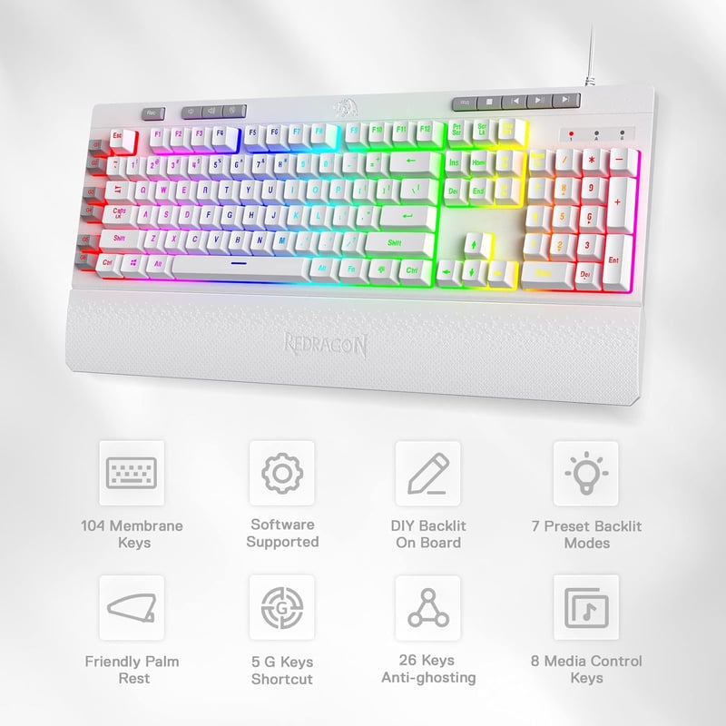 Redragon K512 Shiva fehér gaming billentyűzet RGB LED membrán QWERTY