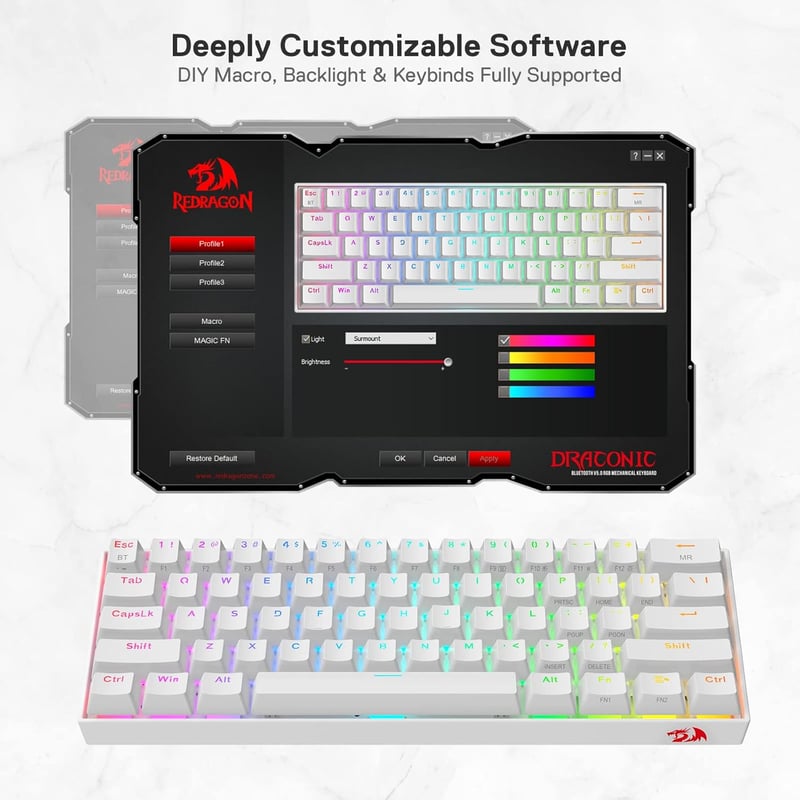 Redragon K530 Draconic 60% Mechanikus Gamer Billentyűzet RGB, Bluetooth/Vezetékes/2.4GHz