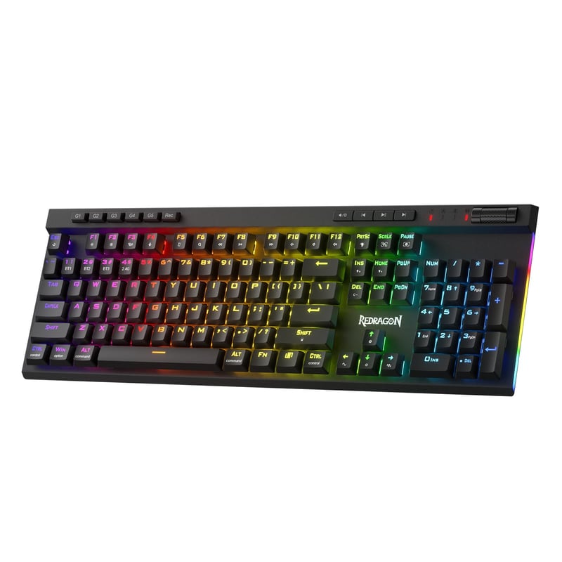 Redragon K580 PRO Vezeték Nélküli RGB Gamer Billentyűzet, Mechanikus, 3 Üzemmód, Hot-Swap, Médiakonzol, Makrórögzítés, Lineáris Red Switch