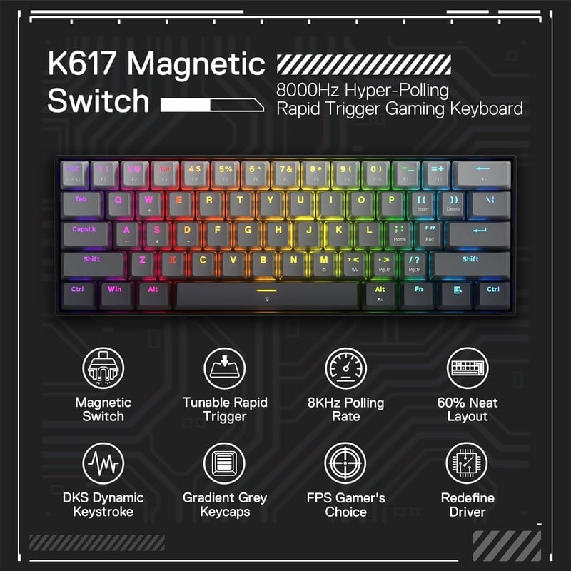 Redragon K617 Fast Shutter Gamer Billentyűzet, 60% Kompakt Mechanikus, Mágneses Kapcsolók, Állítható Működési Pont, 8K Hz, QWERTY, 