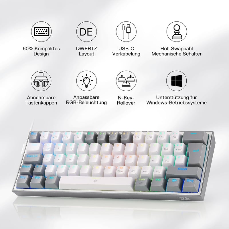 Redragon K617 Fizz 60% Német QWERTZ Gaming Billentyűzet RGB LED Mechanikus