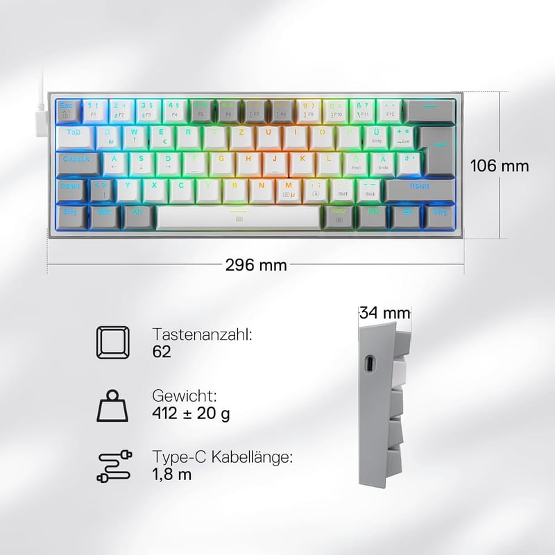 Redragon K617 Fizz 60% Német QWERTZ Gaming Billentyűzet RGB LED Mechanikus