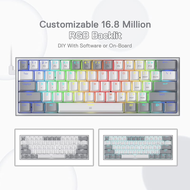 Redragon K617 RGB Mechanikus Gamer Billentyűzet - 60% Kompakt, 61 Gombos, Vezetékes, Lineáris Piros Kapcsolókkal, Pro Driver Támogatással - QWERTY (Grey)