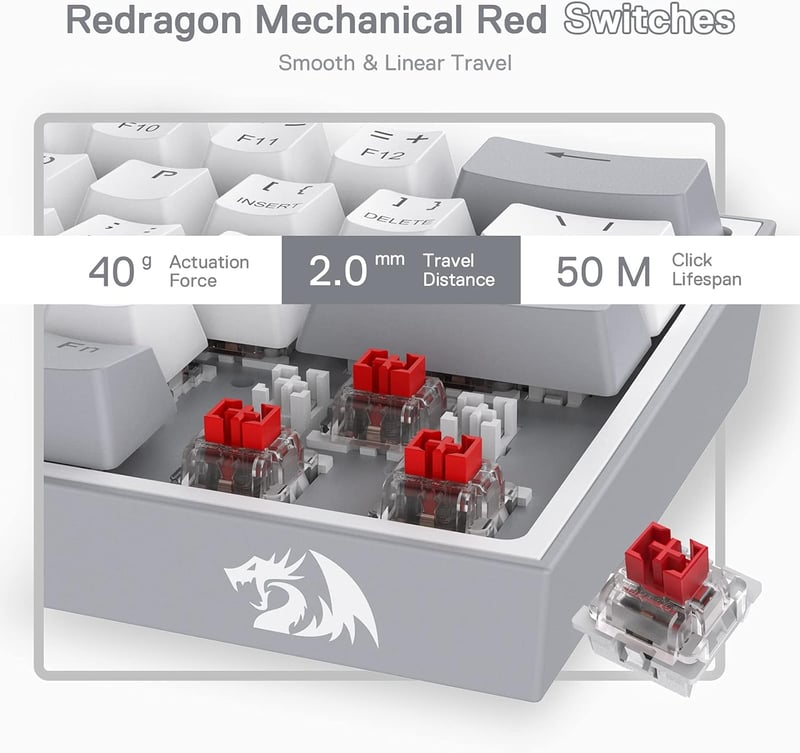 Redragon K617 RGB Mechanikus Gamer Billentyűzet - 60% Kompakt, 61 Gombos, Vezetékes, Lineáris Piros Kapcsolókkal, Pro Driver Támogatással - QWERTY (Grey)