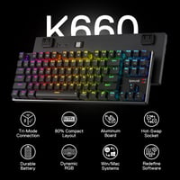 Redragon K660RGB-PRO K556 TKL Vezeték nélküli Mechanikus Gaming Billentyűzet, 80% 87 Gombos, BT/2.4GHz Tri-Mode, Alumínium, Hot-Swap, Piros Kapcsoló, Mac Funkciók 2
