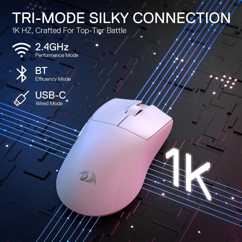 Redragon M916 PRO Vezeték Nélküli Gamer Egér, 49g Ultrakönnyű, 26K DPI, Ergonomikus Kialakítás, Programozható Gombok, 3 Csatlakozási Mód