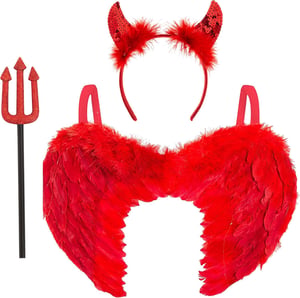 REDSTAR FANCY DRESS Set Diavol - Aripă cu Paiete Roșii, Coarne și Furcă, Set Costum 3 Piese, Accesoriu pentru Adulți și Copii, Halloween