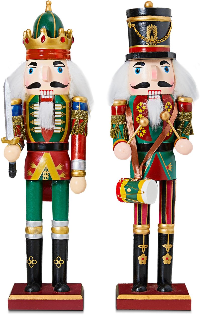 REDSTAR Božićni set Orašara Vojnika - 2 kom 30 cm Drvene Figure Orašara u Zelenoj Boji, za Kamin, Blagdanski Ukras, Božićni Ukras za Unutarnji Prostor