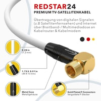 RedStar24 10 m SAT anténny kábel satelitný kábel 135 dB 2x F-konektor 1x 90° zahnutý pozlátený koaxiálny Class A+ Ultra HD 4K 3D UHD biely 4