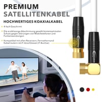 RedStar24 10 m SAT anténny kábel satelitný kábel 135 dB 2x F-konektor 1x 90° zahnutý pozlátený koaxiálny Class A+ Ultra HD 4K 3D UHD biely 3