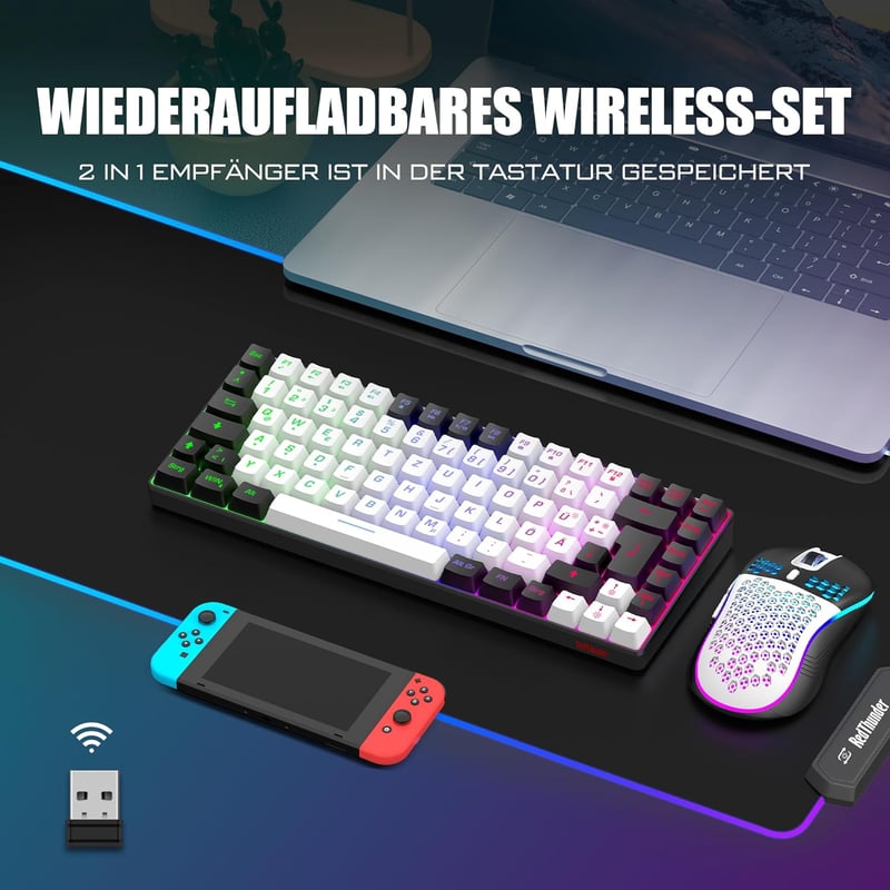 RedThunder 75% Vezeték Nélküli Gamer Billentyűzet és Egér Szett, TKL Német Kiosztás, RGB Háttérvilágítás, 7200DPI Méhsejt Egér, PC/Mac/PS5/X