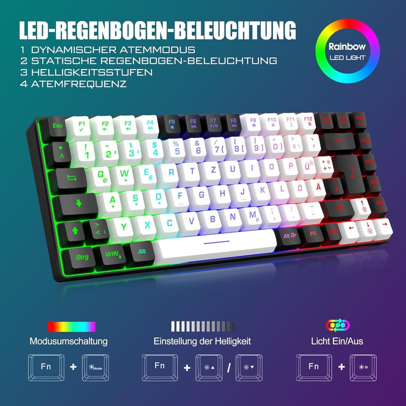 RedThunder 75% Vezeték Nélküli Gamer Billentyűzet és Egér Szett, TKL Német Kiosztás, RGB Háttérvilágítás, 7200DPI Méhsejt Egér, PC/Mac/PS5/X