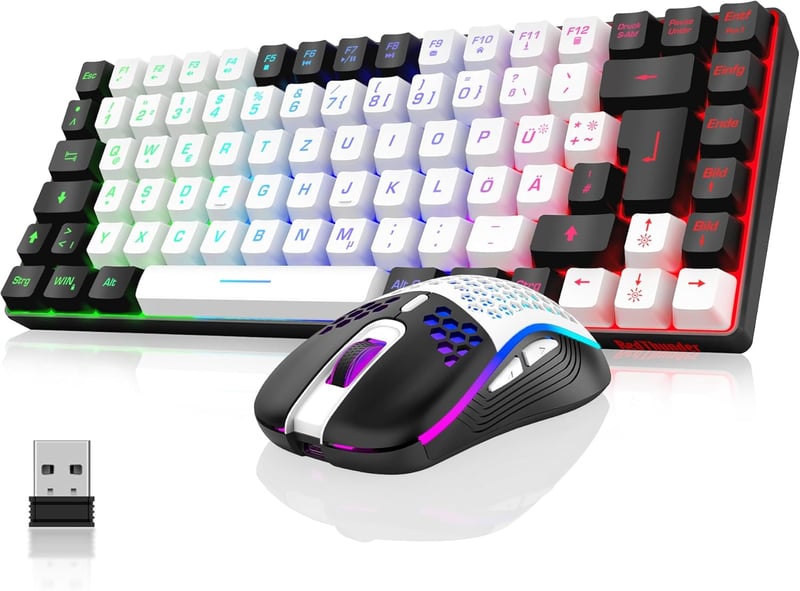 RedThunder 75% Vezeték Nélküli Gamer Billentyűzet és Egér Szett, TKL Német Kiosztás, RGB Háttérvilágítás, 7200DPI Méhsejt Egér, PC/Mac/PS5/X