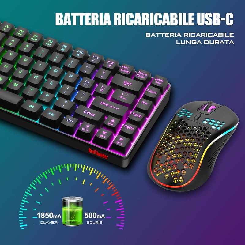 RedThunder 75% Wireless Gaming Billentyűzet, Rainbow LED, 3200 DPI, 85 Gomb, PC/PS5/Xbox