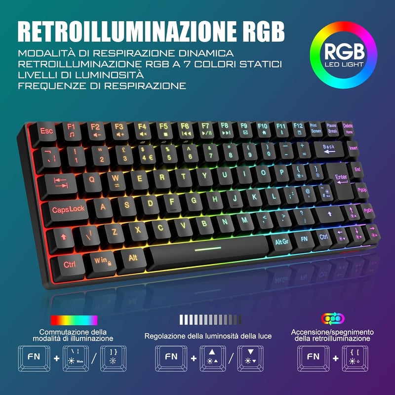 RedThunder 75% Wireless Gaming Billentyűzet, Rainbow LED, 3200 DPI, 85 Gomb, PC/PS5/Xbox