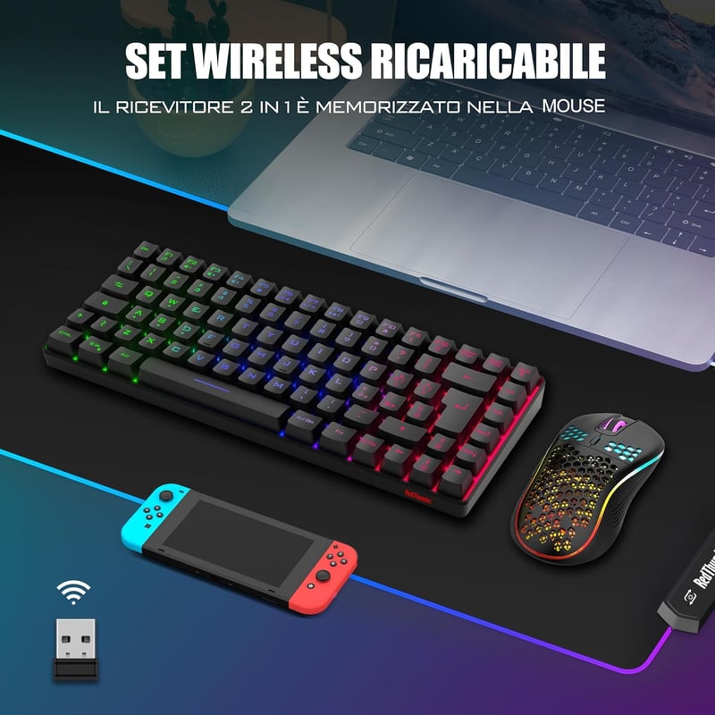 RedThunder 75% Wireless Gaming Billentyűzet, Rainbow LED, 3200 DPI, 85 Gomb, PC/PS5/Xbox