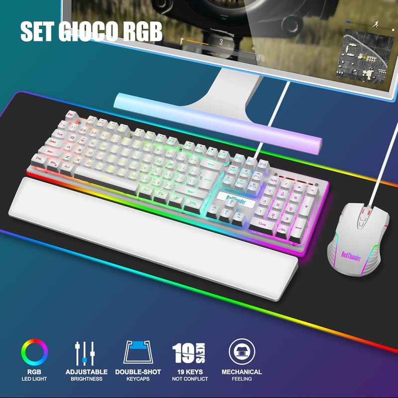 RedThunder K10 3az1-ben Billentyűzet Egér Csuklótámasz RGB Mechanikus IT Fehér