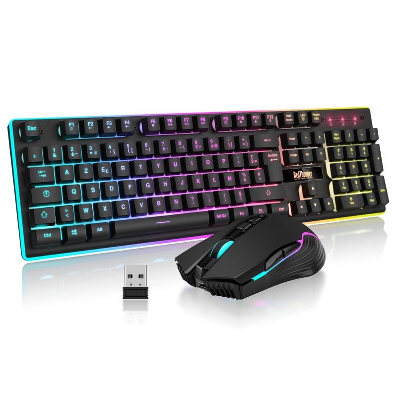 Set tastatură și mouse wireless RedThunder K10 AZERTY Franceză - Negru, cu baterie Litiu-Ion, Design compact