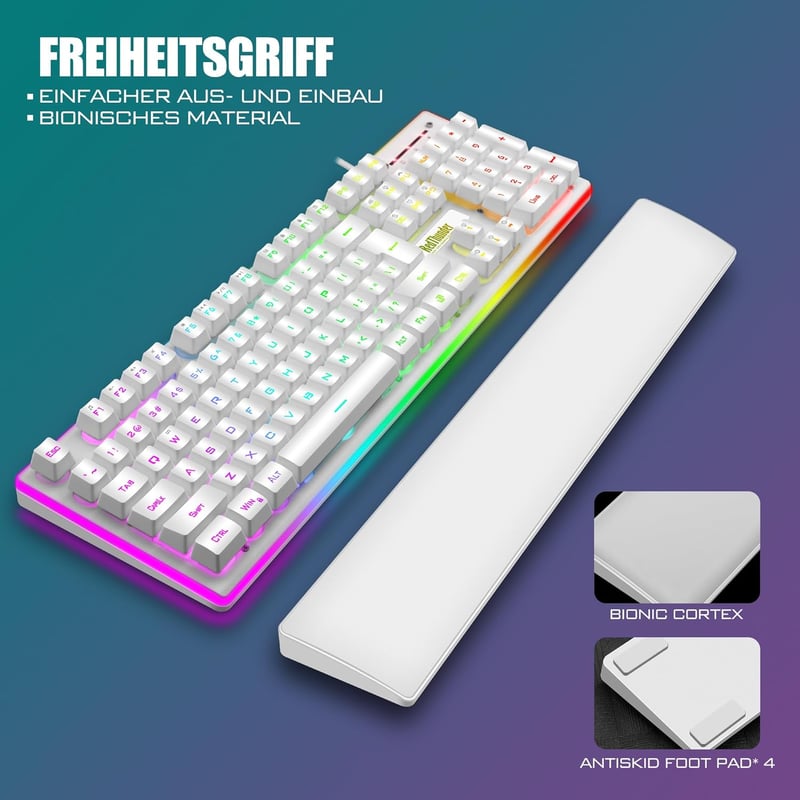 RedThunder K10 Gamer Billentyűzet és Egér Szett, Fehér, RGB Háttérvilágítás, Fém Alaplap, Csuklótámasz, QWERTZ Német Kiosztás, PC/Mac