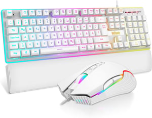 Set tastatură și mouse pentru gaming RedThunder K10, Alb, Iluminare de fundal RGB, Placă de bază metalică, Suport pentru încheieturi, Layout QWERTZ German, PC/Mac