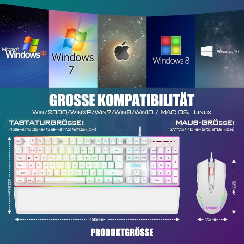 RedThunder K10 Gamer Billentyűzet és Egér Szett, Fehér, RGB Háttérvilágítás, Fém Alaplap, Csuklótámasz, QWERTZ Német Kiosztás, PC/Mac