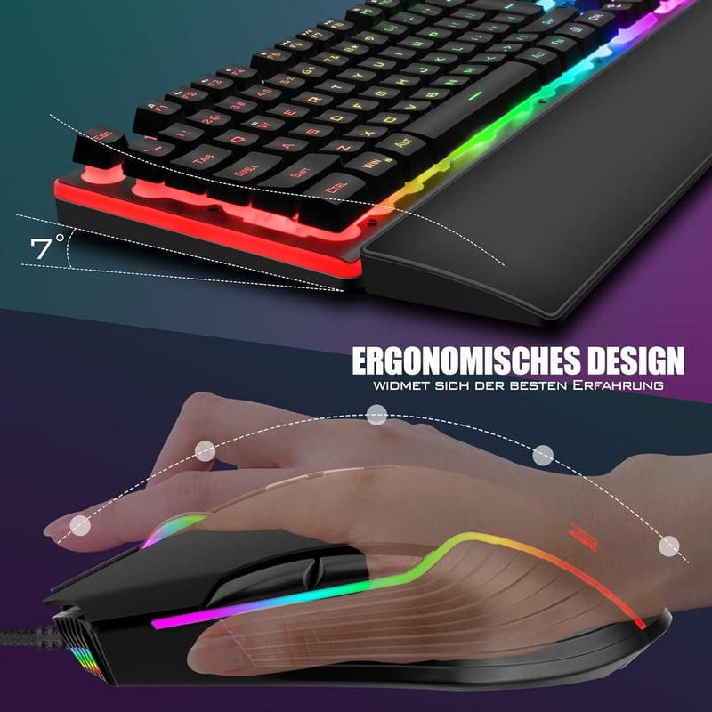 RedThunder K10 Gamer Billentyűzet és Egér Szett, RGB Háttérvilágítás, Fém Alaplap, Csuklótámasz, 7D Ergonomikus Egér, PC Játékosoknak