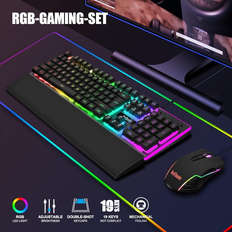 RedThunder K10 Gamer Billentyűzet és Egér Szett, RGB Háttérvilágítás, Fém Alaplap, Csuklótámasz, 7D Ergonomikus Egér, PC Játékosoknak