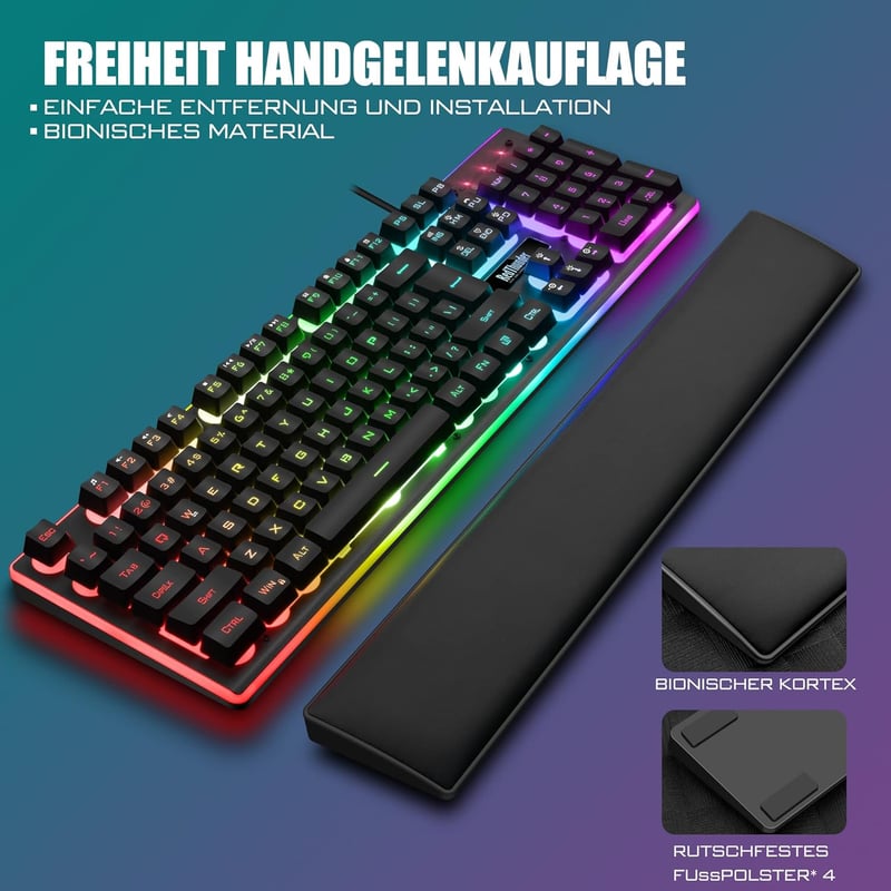 RedThunder K10 Gamer Billentyűzet és Egér Szett, RGB Háttérvilágítás, Fém Alaplap, Csuklótámasz, 7D Ergonomikus Egér, PC Játékosoknak