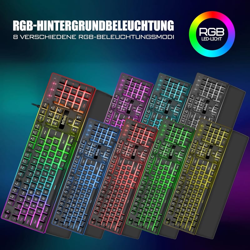 RedThunder K10 Gamer Billentyűzet és Egér Szett, RGB Háttérvilágítás, Fém Alaplap, Csuklótámasz, 7D Ergonomikus Egér, PC Játékosoknak