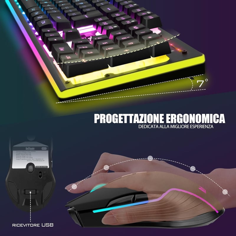 RedThunder K10 Vezeték Nélküli Gaming Billentyűzet és Egér Szett - LED Háttérvilágítás, 3800mAh Akkumulátor, Mechanikus Érzet, 3200 DPI Egér