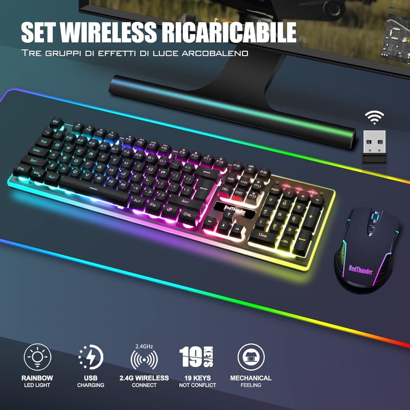 RedThunder K10 Vezeték Nélküli Gaming Billentyűzet és Egér Szett - LED Háttérvilágítás, 3800mAh Akkumulátor, Mechanikus Érzet, 3200 DPI Egér