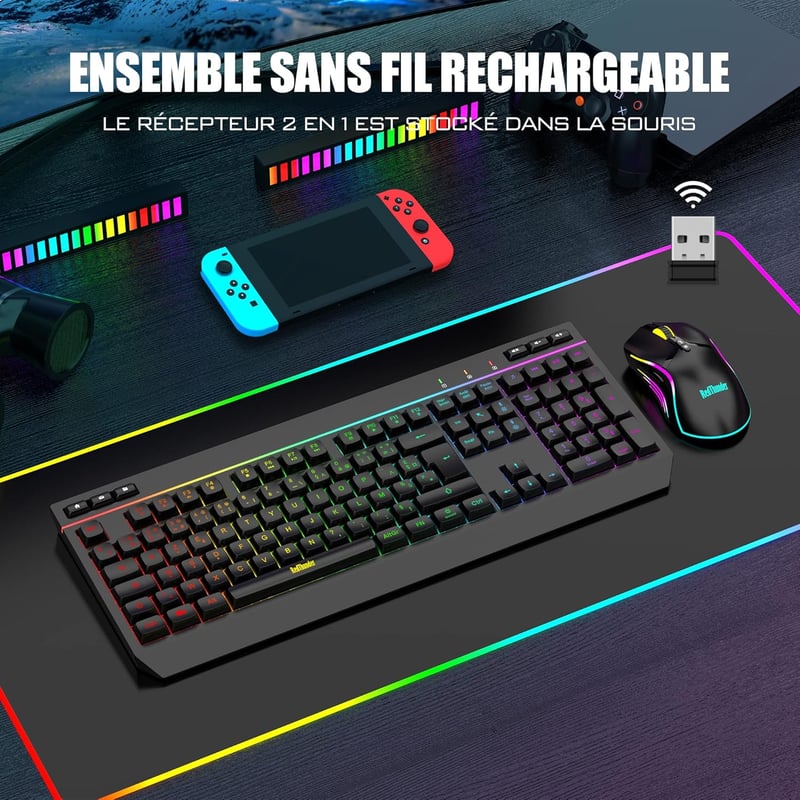 RedThunder K20 Vezeték nélküli billentyűzet és egér szett AZERTY RGB háttérvilágítás 4800 DPI