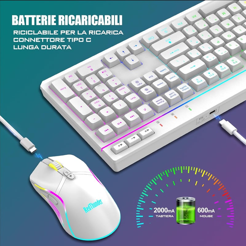 RedThunder K20 Wireless Billentyűzet és Egér Szett, RGB, 4800DPI, Fehér