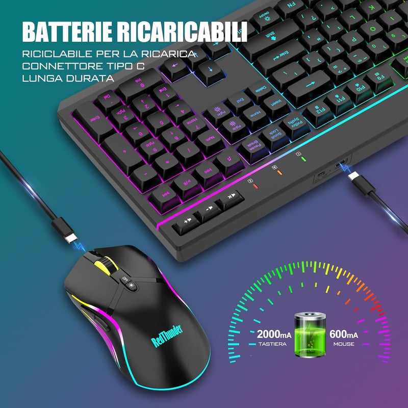RedThunder K20 Wireless Billentyűzet és Egér Szett, RGB, 4800DPI, Gamer/Iroda